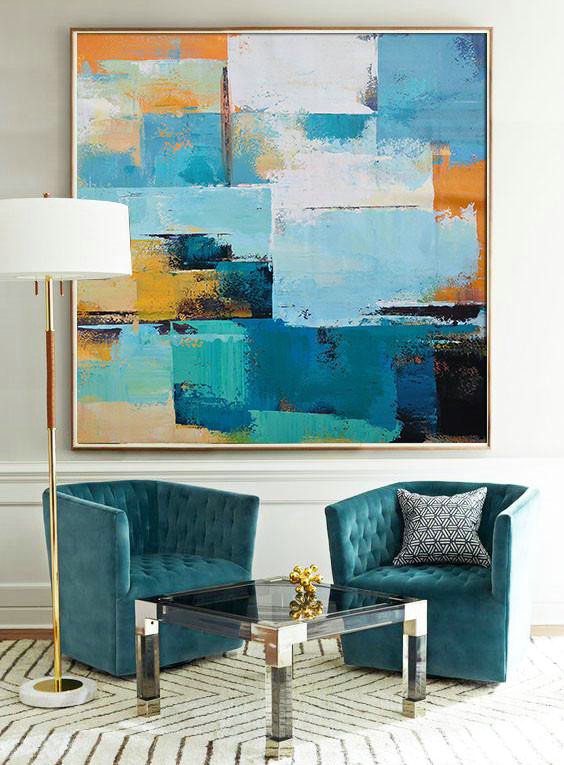 Oversized Palette Knife Painting Contemporary Canvas Art,Navy Blue,Sky Blue,White,Yellow,Black.etc